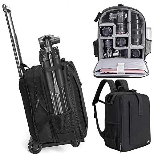 Cwatcun Camera Backpack Trolley Case Bag with Tripod Holder Anti-Theft Waterproof Camera Bag fits 15.6' Laptop for Canon Nikon Sony DSLR SLR Camera for Women Men Photographer - color: Black, size: 5.0 Large