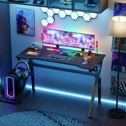 BestOffice | 47" Gaming Desk | Black & Blue | Carbon Fiber Textured Computer Desk | Sturdy Steel Frame,Cup Holder, Headphone Hook, Cable Management Holes, Adjustable Leg Pads | for Gamers,Home,Office - color: Black&blue, size: 47 Inch R Shaped