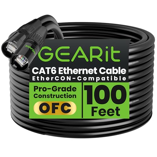 GEARit Shielded CAT6 Ethercon Cable (100 Feet) Professional Audio & Lighting RJ45 EtherCON-Compatible Cable for Studio, Stage, Concerts - 100ft Black - color: Black, size: 100 Feet