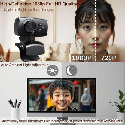1080P Full HD Webcam with Noise-Canceling Microphone & Auto Light Correction, 110 Wide Angle, Plug & Play USB Camera for Laptop/Desktop/Mac/Zoom/Skype/Teams