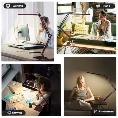 SKYLEO LED Desk Lamp with Slim Base - Adjustable Swing Arm Desk Light, Dimmable, Timer, Eye Protection, Memory Function, 1300LM, 12W, Red - style: Red swing arm with Base