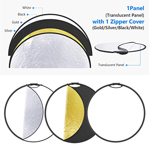 Neewer 5-in-1 Portable Round 43 in/110cm Light Reflector Collapsible Multi-Disc with Single Grip and Bag for Studio Photography Lighting and Outdoor Lighting - Gold/Silver/White/Black/Translucent - size: 110cm