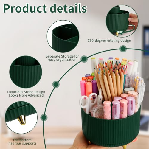 Camelmother 360°Rotating Pen&Pencil Holder For Desk With 5Slots Cute Office - color: Green