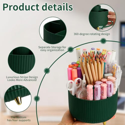 Camelmother 360°Rotating Pen&Pencil Holder For Desk With 5Slots Cute Office - color: Green