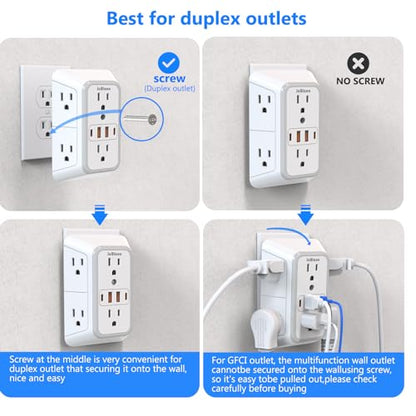 2 Pack Outlet Extender Surge Protector, 6 Outlet Splitter with 4 USB Outlet (2 USB A,2 USB C), 3Sided Power Strip with Adapter Spaced Outlets for Home, Office, Travel(White)-ETL - color: White 2PCS