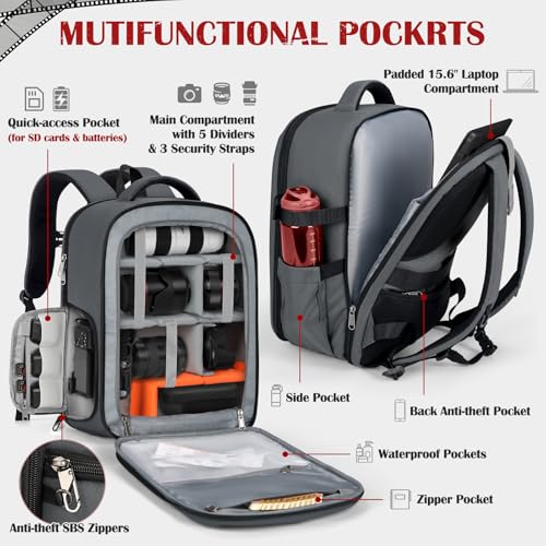 SDYSM Camera Backpack, Hardshell DSLR/SLR Camera Bag with Lens Pouch & 15.6" Laptop Compartment Waterproof Camera Case with Rain Cover Photography Backpack Compatible for Canon/Nikon/Sony/Drone,Gray - color: Grey