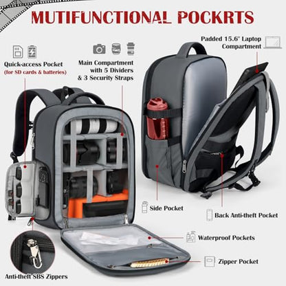 SDYSM Camera Backpack, Hardshell DSLR/SLR Camera Bag with Lens Pouch & 15.6" Laptop Compartment Waterproof Camera Case with Rain Cover Photography Backpack Compatible for Canon/Nikon/Sony/Drone,Gray - color: Grey