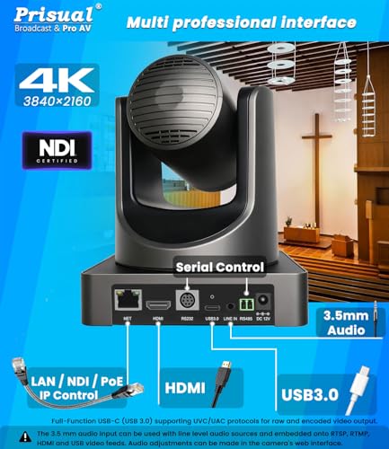 Prisual 4K NDI PTZ Camera, Advanced PTZ Auto Tracking 20X HDMI/USB3.0 PTZ Camera, TURE 4K 1/1.8” UHD 30P with Built-in Tally Light for Church Conference Events, PT20X-4K-N - color: Metallic Gray
