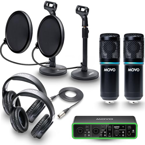 Movo PodPak2T 2-Pack Universal Condenser Microphone Kit with Phantom 2x2 Audio Interface, Desktop Mic Stand, and Studio Headphones- Podcast Equipment Bundle for YouTube, Podcast, Streaming, Musicians - style: with Tabletop Stands