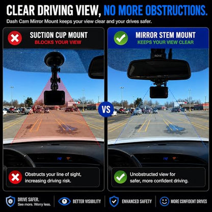 Dash Cam Mount Replacement Holder, Fits Rove r2-4k and Other Dash Cams | Easy Rearview Mirror Installation | No More Falling Suction Cups | Multiple Adapters | Secure Adjustable View
