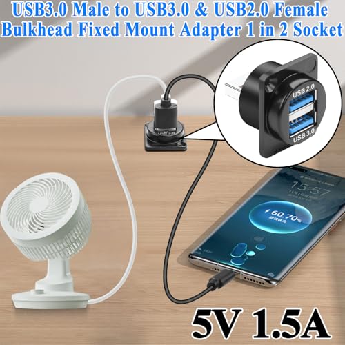 QIANRENON 2 in 1 USB 3.0 to USB3.0 & USB2.0 Panel Mount Adapter 5Gbps USB3.0 Male to USB-3.0 Female + USB2.0 Female Bulkhead Mount Charging Data 1 in 2 Connector 5V1.5A, for Expansion USB Port