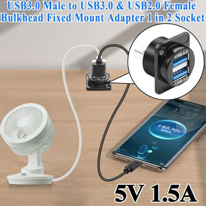 QIANRENON 2 in 1 USB 3.0 to USB3.0 & USB2.0 Panel Mount Adapter 5Gbps USB3.0 Male to USB-3.0 Female + USB2.0 Female Bulkhead Mount Charging Data 1 in 2 Connector 5V1.5A, for Expansion USB Port