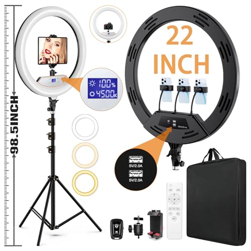 22"Ring Light with Stand,Ring Light Tripod for iPhone ipad,with 75"Tripod/LCD Display/4 ipad iPhone Clips/2 USB Ports,2600K-6500K Color Temperature,for Barber Makeup Tattoo TikTok Video Recording Vlog - color: Black