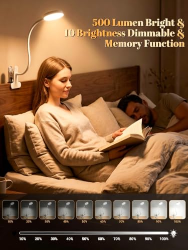 Clip on Lamp,10 RGB Colors+10 Brightness Clamp Light, 500 Lumen Bright Desk Lamp with Clamp, 72 LED Desk Light with USB Adapter, Clip on Reading Light for Bed/Headboard/Bedside Table/Bedroom/Dorm - color: White
