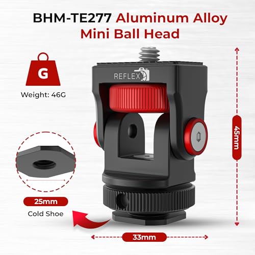 REFLEX CAMERA 360° Rotation Aluminum Mini Ball Head – Durable Aluminum, 1kg Load, Cold Shoe Mount, 1/4” Screw, Compact & Lightweight. Perfect for Cameras, Phones, Monitors, and LED Lights
