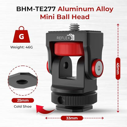 REFLEX CAMERA 360° Rotation Aluminum Mini Ball Head – Durable Aluminum, 1kg Load, Cold Shoe Mount, 1/4” Screw, Compact & Lightweight. Perfect for Cameras, Phones, Monitors, and LED Lights