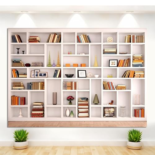 15x10ft Fabric White Bookshelf Backdrop Office Modern Meeting Room Library Home Office Zoom Virtual Photography Background Video Conference Zoom Photo Backdrop Studio Props - size: 15x10 FT