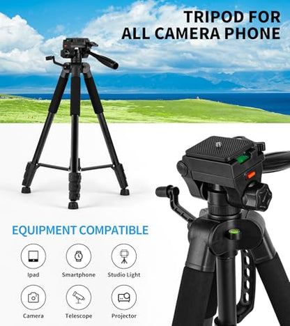72'' Tripod Camera Tripods,Professional Portable Tripods for DSLR Video Recording, Lightweight Travel Cellphone Tripod Stand Black with 360° Pan Head