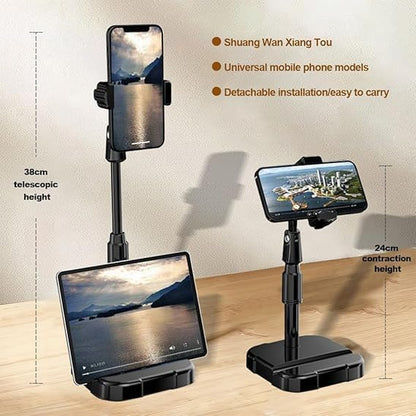 1 Pcs Telescopic Desktop Phone Stand, 360 Rotating Adjustable Height Holder, Stable Cradle for Smartphones Tablets and Ipads(Black)