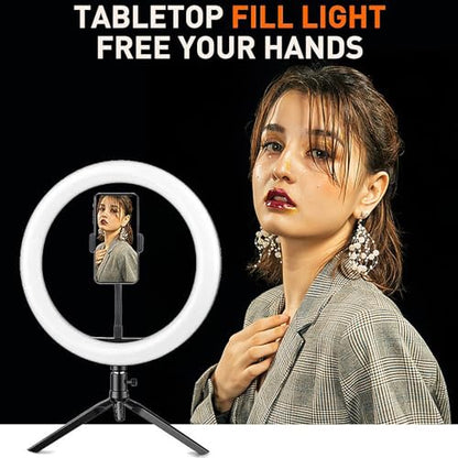 10" Desk Ring Light with Tripod Stand, 3 Light Modes & 11 Brightness Level, Adjustable Selfie Phone Halo Light with Cell Phone Holder for Video Recording, Makeup, Computer Laptop Zoom Meeting