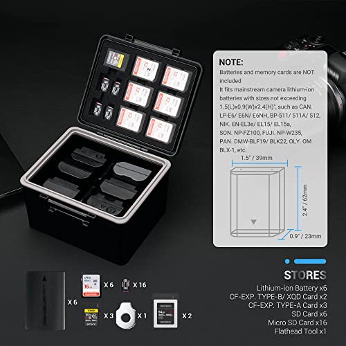 JJC DSLR Camera Battery & SD Micro SD XQD Card Case Holder for Canon LP-E6 LP-E6N LP-E6NH Nikon EN-EL15 EN-EL14 Sony NP-FZ100 Fujifilm NP-W126 NP-W235 Battery and More Below 1.5x0.9x2.4” - size: For Camera Battery x6