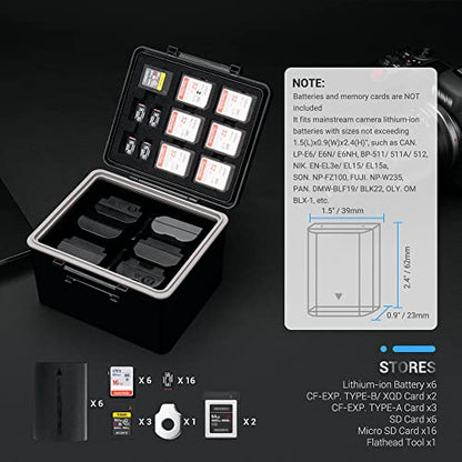 JJC DSLR Camera Battery & SD Micro SD XQD Card Case Holder for Canon LP-E6 LP-E6N LP-E6NH Nikon EN-EL15 EN-EL14 Sony NP-FZ100 Fujifilm NP-W126 NP-W235 Battery and More Below 1.5x0.9x2.4” - size: For Camera Battery x6