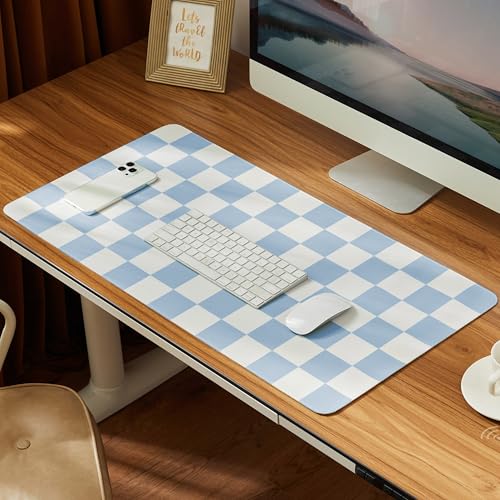 Ohocut Checkered Desk Mat, 31.5" x 15.7" Large Cute Sky Blue Aesthetic Retro Accessories, PU Leather Computer Laptop Desk Mat Mouse Keyboard Pad, Desk Writing Makeup Mat for Vanity/Work/Home Decor - color: Blue, size: 31.5" x 15.7"