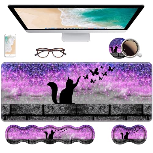 Ergonomic Keyboard Wrist Rest & Mouse Pad Wrist Rest Set, Large XXL Gaming Desk Mat 31.5"x 11.8" with Non-Slip Base, Memory Foam, Easy Typing Pain Relief for Home & Office, Black Cat and Butterfly - color: Black Cat and Butterfly