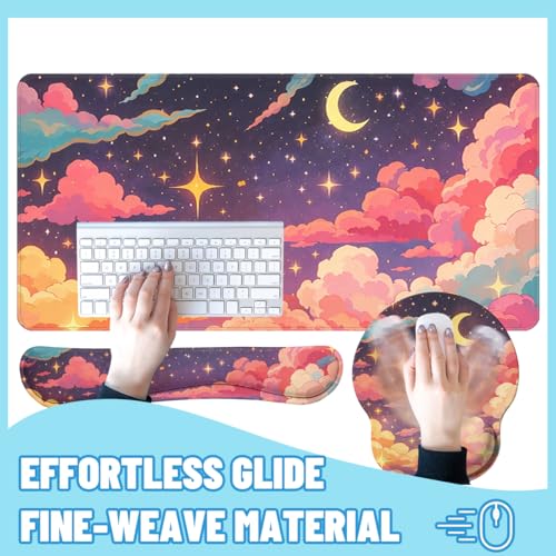 Dreamy Clouds Desk Mat Set Magical Star Night Large Mouse Pad with Wrist Rest 4in1 Desk Mat for Desktop Ergonomic Keyboard Wrist Support Anti-Slip Computer Ergonomic Mouse Pad Home Office Gaming - color: Dreamy Clouds