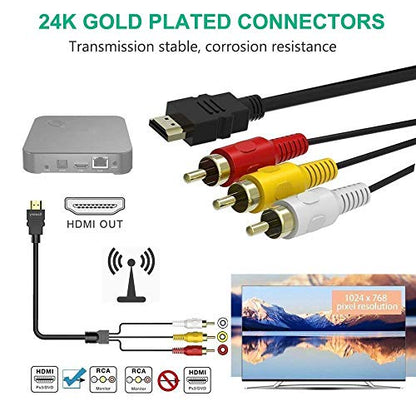HDMI to RCA Cable, 1080P 5ft/1.5m HDMI Male to 3-RCA Video Audio AV Cable Connector Adapter Transmitter for TV HDTV DVD – Passive HDMI to RCA Connector Cable (no Signal Conversion)