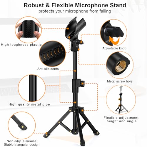 Tabletop Mic Stand, Adjustable Desktop Microphone Stand with Mic Clip and 5/8" Male to 3/8" Female Screw for Most Microphone on the Market