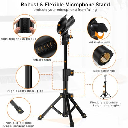 Tabletop Mic Stand, Adjustable Desktop Microphone Stand with Mic Clip and 5/8" Male to 3/8" Female Screw for Most Microphone on the Market