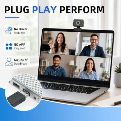 Webcam for PC, 1080P Full HD USB Webcam with Privacy Cover & Built-in Microphone, Plug and Play Computer Web Camera for Video Conference Online Class Live Streaming Video Calling