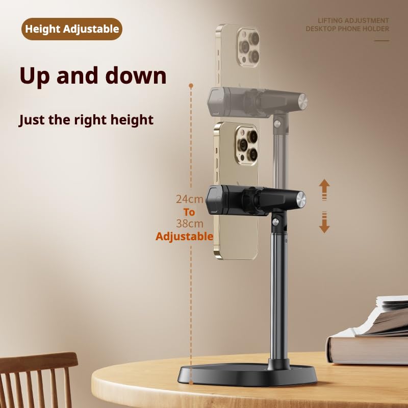 Height Adjustable Phone Stand for Desk, Retractable Desktop Phone Holder, 180° Flip & 360° Rotation Design，Compatible with iPhone/Android Devices,Ideal for Live Streaming and Video Recording (White)