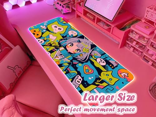 JMIYAV Pink RGB Gaming Mouse Pad 31.5x12 Inch PC XL Large Extended Glowing Led Light Up Desk Pad Non-Slip Rubber Base Computer Cute Mousepad Mat Desk Accessories Gaming Setup 377 - color: Neon Neko