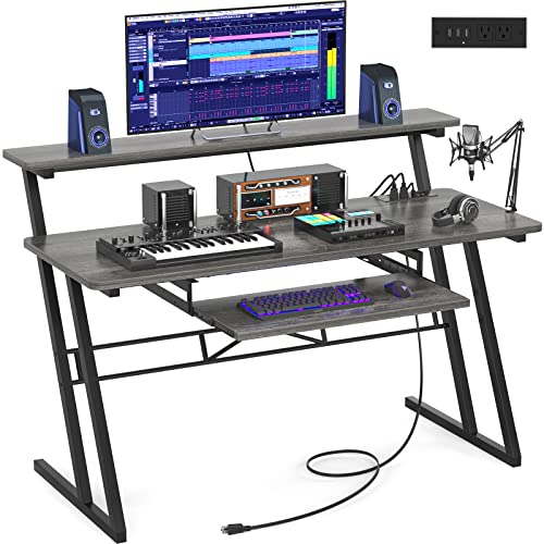 Armocity Music Studio Desk Production Workstation - Recording Studio Desk for Producer with Power Outlet, Studio Workstation for Music Recording, Home Studio Table Desk, Grey Oak - color: Grey Oak