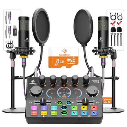 Podcast Equipment Bundle for 2, with XLR Dynamic Microphone, TF card, 5RGB,Surround Sound,Suitable for Live Streaming/TikTok/YouTube, Compatible with iOS,Android,PC,Camera RS2 - style: Audio interface+ 2 dynamic mics
