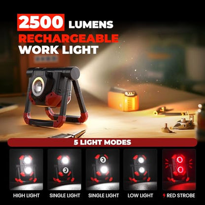 YZONI W6 LED Work Light Rechargeable, 2 COB 2500LM Folding Portable Flood Light with Magnetic Base and 360° Rotation Stand, Spotlights for Camping, Car Repairing, Emergency and Job Site Lighting - color: Dark Red