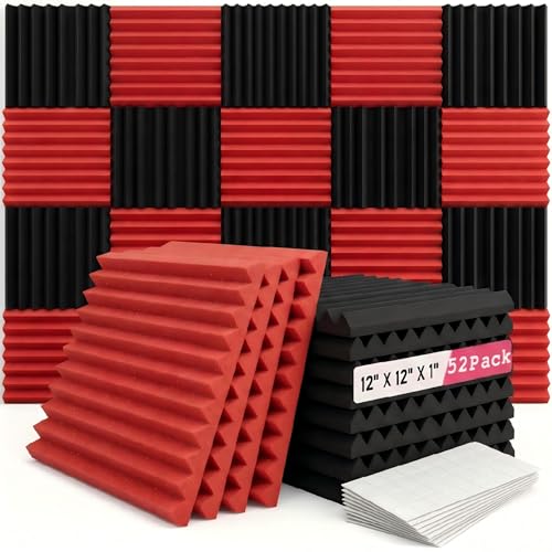 52 Pack Black red 1" x 12" x 12" Acoustic Wedge Studio Foam Sound Absorption Wall Panels - color: BLACK RED
