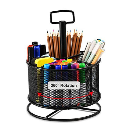 Marbrasse Mesh Desk Organizer, 360-Degree Rotating Multi-Functional Pen Holder, 4 Compartments Desktop Stationary Organizer, Home Office Art Supply Storage Box Caddy (Black) - color: Black