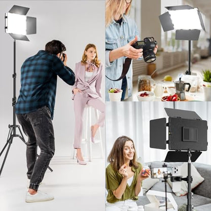 2 Pack LED Video Light with Barndoor, 30W Photography Lighting with Tripod Stand, 3000Lux CRI 98+ 2500K-8500K Studio Light Podcast Lighting for Video Recording, Game Live Streaming, Vlogging - size: 63" Tripod Stand