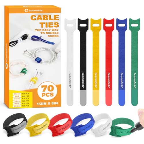 SummerBrite 70 Pack Multi-Color Cable Ties 8 Inch with Writable Labels, Reusable Cord Organizer Straps, Hook & Loop Wire Management for TV, Audio, Ethernet, Electronics & Heavy Duty Cords - color: Multicolored, size: 8IN