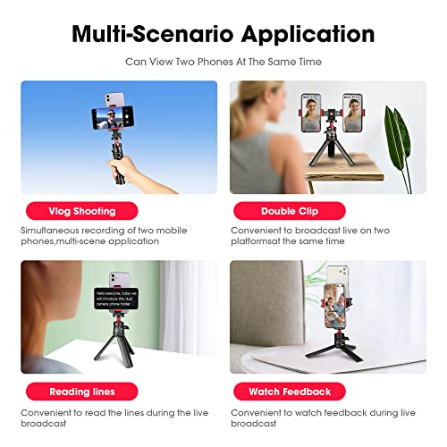 Manbily Phone Tripod Mount Adapter, 360° Rotatable Dual Cell Phone Holder Clip, Adjustable Clamp with 4 Cold Shoe, for Tripod Monopod Selfie Stick Vlog Live Streaming Video Recording