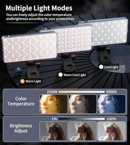 Selfie Camera Phone Light with Metal Hotshoe & Clip, 135 LED CRI 96+ 2500K-9900K 4000mAh RGB Video Light for iPhone, Cameras, Selfie, Video Conference, TikTok Live Streaming, Gifts for Women & Mom - size: 135 LED