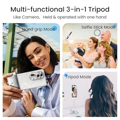 Selfie Stick Tripod with Fill Light & Bluetooth Remote | 3-in-1 portable selfie stick, tripod stand & fill light. Bluetooth remote, 360° rotation. Compact foldable design for travel - color: White, style: Lighted model