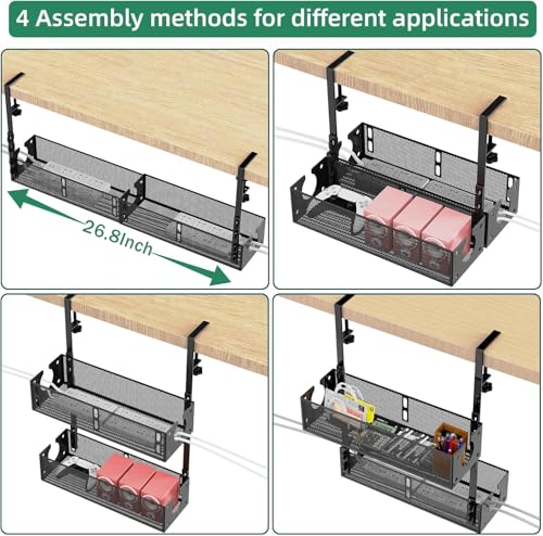 Multi-Model Under Desk Cable Management 2 Pack Metal Under Desk Wire Management Tray Clamp Mount Under Table Cord Management No Damage The Desk