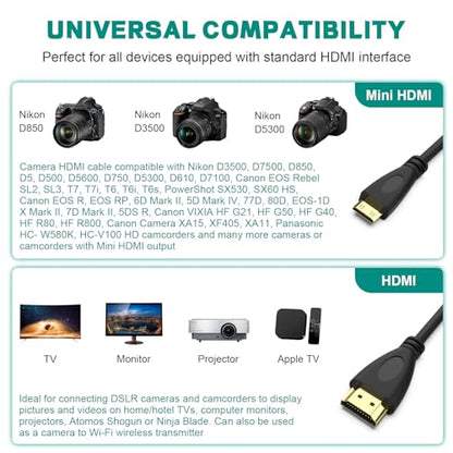 Mini HDMI to HDMI Cable Compatible with Nikon D3500 D3300 D7500 D850 D500, Canon EOS 5D Mark IV, 6D Mark II, 80D, Rebel T6/T7, High-Speed HDMI Adapter Camera to TV Monitor HDMI Cord (9.84FT)