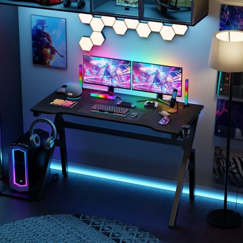 BestOffice | 47" Gaming Desk | Black & Red | Carbon Fiber Textured Computer Desk | Sturdy Steel Frame,Cup Holder, Headphone Hook, Cable Management Holes, Adjustable Leg Pads | for Gamers,Home,Office - color: Black&red, size: 47 Inch R Shaped