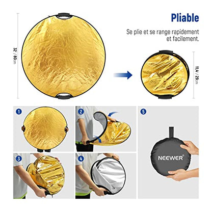NEEWER 80cm Light Reflector with Handle & 3/8" Thread, 5 in 1 Foldable Round Light Diffuser, Translucent/Silver/Gold/White/Black for Studio or Outdoor Photo Lighting, RF-80II - style: 80cm