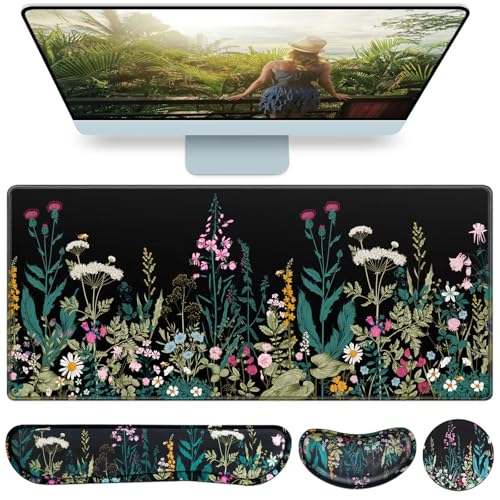 Desk Mat, Large Gaming Mouse Pad with Wrist Rest, 4in1 XXL Mousepad+Keyboard Wrist Rest+Mouse Pad Wrist Support+Cup Coaster Set Ergonomic Floral Computer Desk Arm Wrist for Decor Home Office Women - color: Flowers & Plants